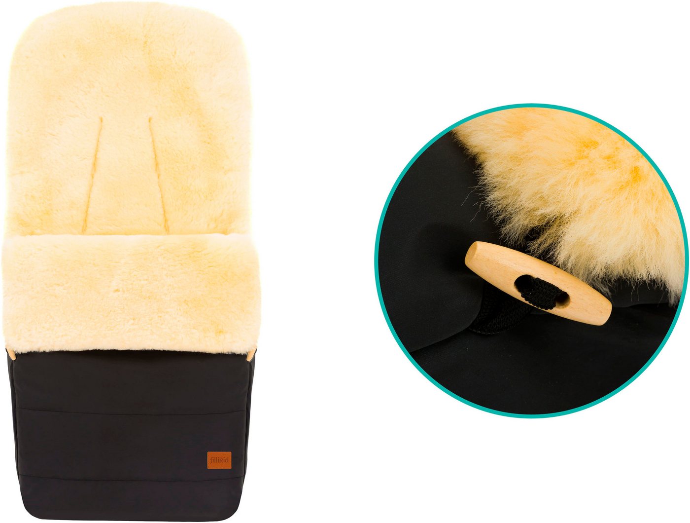 Fillikid Fußsack Bernina Reflect, Lammfell schwarz, Winterfußsack, aus reflektierendem Material, für bessere Sichtbarkeit bei Dunkelheit – Bild 4 von 5