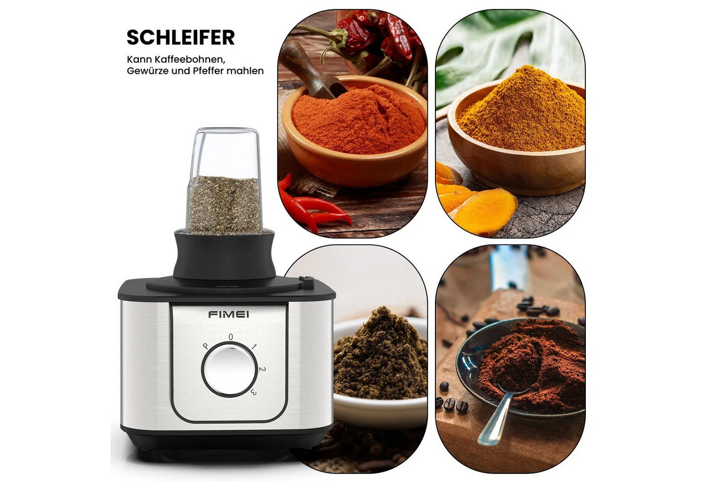 FIMEI Küchenmaschine HGM406, 1100 W, 3,2 l Schüssel, 3,2L Zerkleinerer, 1,5L Mixer, Mühle, Zitruspresse & Zubehör – Bild 3 von 5