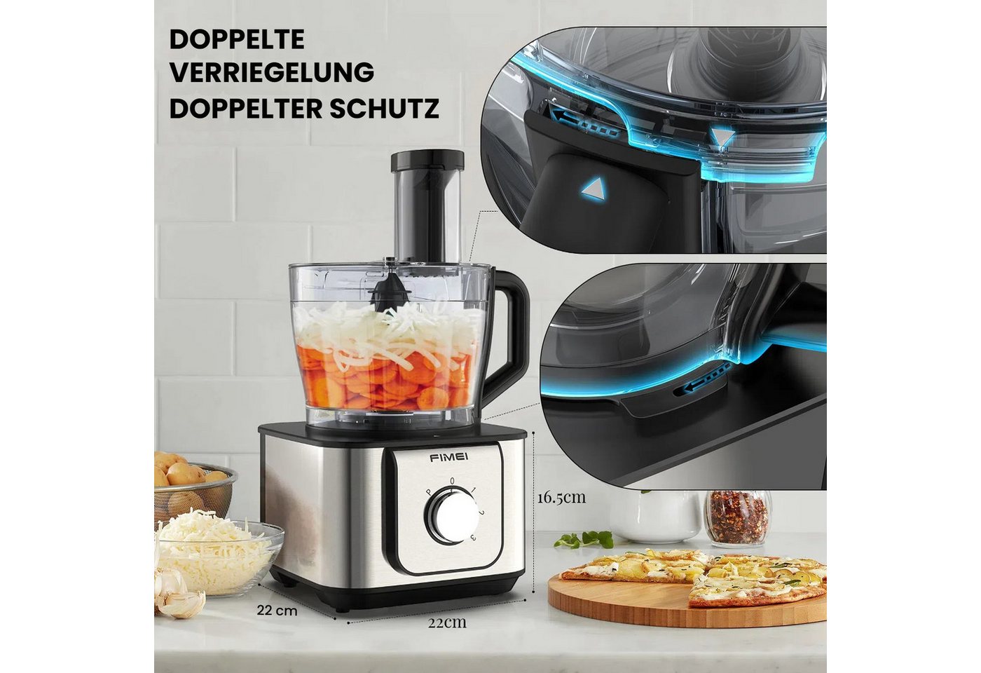 FIMEI Küchenmaschine HGM406, 1100 W, 3,2 l Schüssel, 3,2L Zerkleinerer, 1,5L Mixer, Mühle, Zitruspresse & Zubehör – Bild 4 von 5