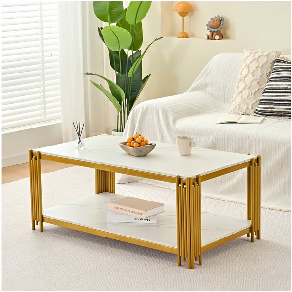 Fine Life Pro Couchtisch Rechteckiger Couchtisch, Marmoroptik-Platte, Metallbeine, weiß-gold, H46xB114xT64 cm, modernes Wohnzimmermöbel, elegantes Design