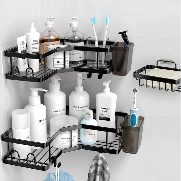 Fine Life Pro Duschablage ohne Bohren Rostfrei Schwarz Duschregal mit 4 Haken, 2-tlg., für Bad Küche Toilette,Badezimmer Regal Organizer
