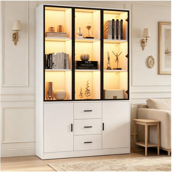 Fine Life Pro Standvitrine Vitrine mit Glas-Tür, LED-Licht, 3 Schubladen + Türen, weiß. 120x30x200 cm, viel Stauraum, ideal für Wohnzimmer.