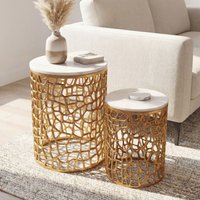 FineBuy 2er Set Couchtisch Gold mit weißer Marmor Tischplatte - Wohnzimmer Tisch Satztisch rund - Beistelltisch Alu modern - Sofatisch Set Aluminium Metallgeste