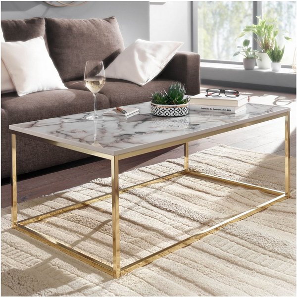 FineBuy Couchtisch 100cm rechteckig mit Marmor Optik Metallgestell – Moderner Wohnzimmertisch - Design Sofatisch für Wohnzimmer eckig