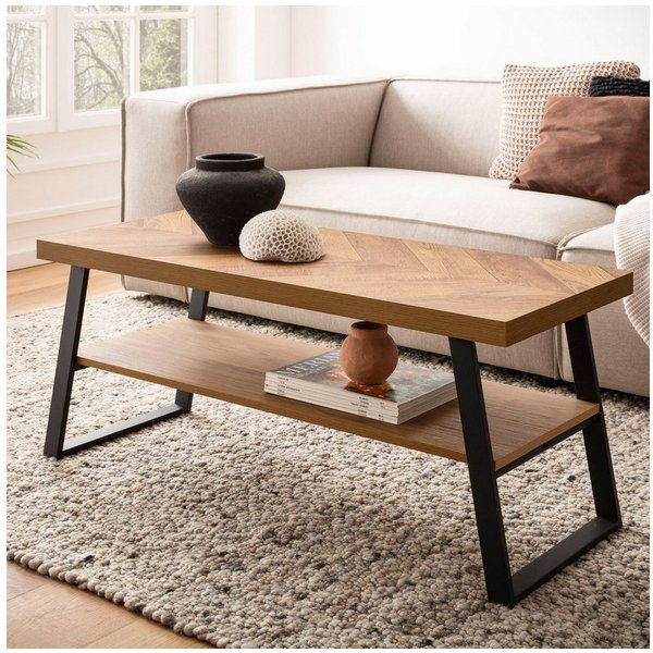 FineBuy Couchtisch 100x40x41 cm Sofatisch Braun mit Fischgrät-Muster, Design Wohnzimmertisch Rechteckig, Loungetisch Modern mit Ablage, Kaffeetisch mit Metallge