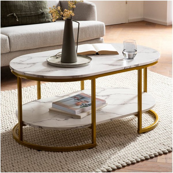 FineBuy Couchtisch 100x60x45 cm Marmor Optik, Design Wohnzimmertisch Rechteckig, Lounge Sofatisch mit Ablage, Kaffeetisch Modern mit goldenem Metallgestell