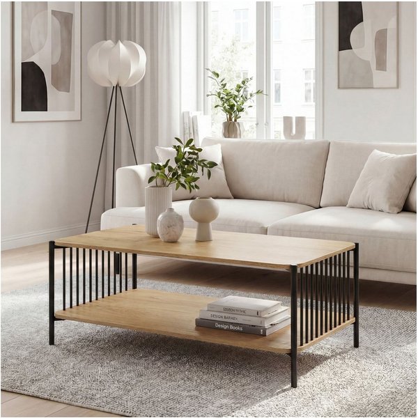 FineBuy Couchtisch 110x60cm Eiche Optik Rechteckig - Design Sofatisch Metall - Wohnzimmertisch Ablage - Loungetisch Stauraum - Beistelltisch Kaffeetisch