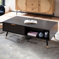 FineBuy Couchtisch 110x60x43 cm Schwarz mit Eiche-Dekor Wohnzimmertisch, Sofatisch Rechteckig mit Stauraum, Kaffeetisch mit Schubladen, Tisch Wohnzimmer mit Met