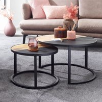 FineBuy Couchtisch 2er Set Mango Massivholz / Stein-Optik Sofatisch Rund Modern, Design Beistelltisch 2-teilig, Runde Wohnzimmertische, Holztisch Satztische Met