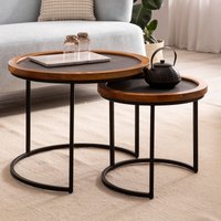 FineBuy Couchtisch 2er Set Mango Massivholz / Steinoptik Wohnzimmertisch Rund, Satztisch mit Metallgestell, Kaffeetisch Modern, Sofatisch Verschachtelungstisch 