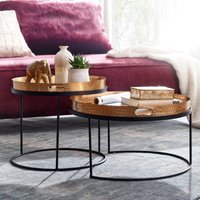 FineBuy Couchtisch 2er Set Metall Hammerschlag Satztisch Rund, Sofatisch abnehmbares Tablett, Tabletttisch Sofa 2 teilig Modern, Runder Beistelltisch