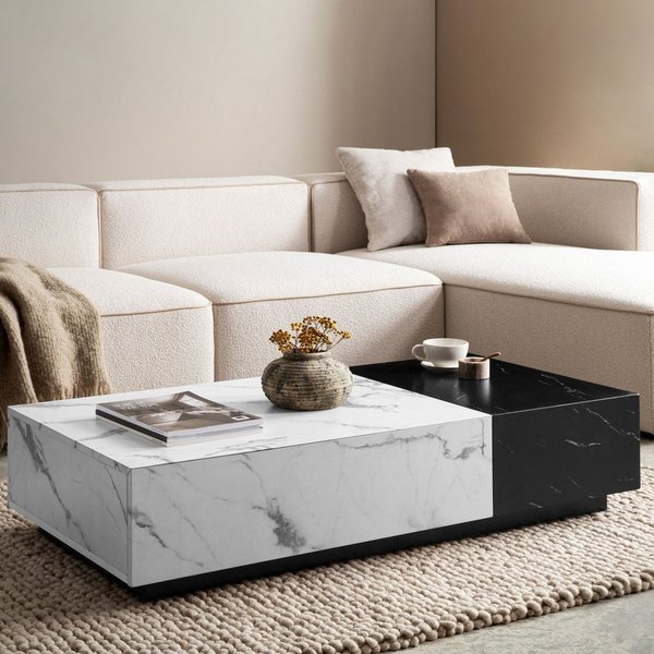 FINEBUY Couchtisch FB107248 Sofatisch Weiß 120 cm Marmoroptik Wohnzimmertisch Schublade (Kaffeetisch mit Schublade, Sofatisch Weiß Modern), Wohnzimmertisch Marm