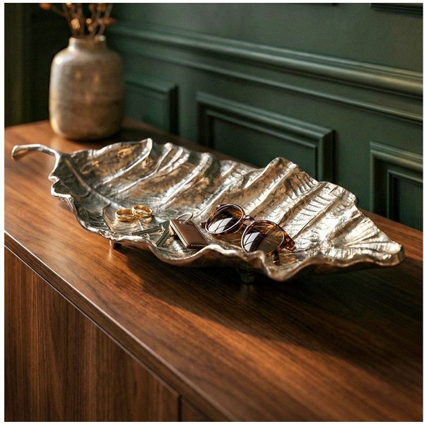 FINEBUY Dekoschale FB77820 Wohnaccessoire Silber 67cm Tischdeko Metallschale Aluschale (Elegante Blattform mit natürlicher Struktur), Dekoratives Wohnaccessoire