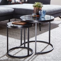 FineBuy Design Beistelltisch 2er Set Marmor Optik Rund, Couchtisch 2-teilig Tischgestell Metall, Kleine Wohnzimmertische, Moderne Satztische
