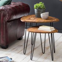 FineBuy Design Satztisch FB51455 Sheesham Metall Beistelltisch 2er Set klein, Couchtisch Set 2 Holz Tische, Massivholz Wohnzimmertisch Metallgestell, Schmaler S