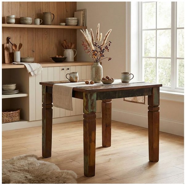 FineBuy Esstisch quadratisch 80 cm Mango Massivholz – Quadratischer Shabby Chic Tisch im Bootsholz Design, Landhaus Esszimmertisch massiv, Küchentisch für 4 Per