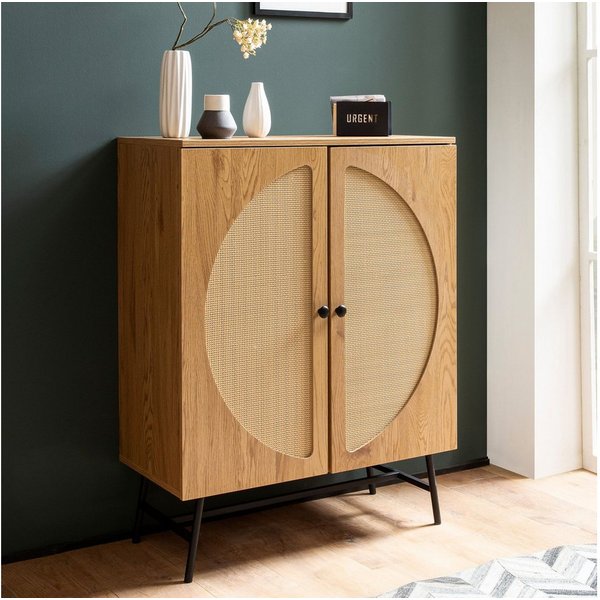 Kommode in Eiche Dekor 80 cm Sideboard mit 2 Türen aus Wiener Rattan Geflecht Design Highboard