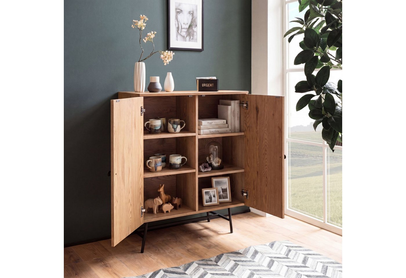 Kommode in Eiche Dekor 80 cm Sideboard mit 2 Türen aus Wiener Rattan Geflecht Design Highboard – Bild 2 von 5