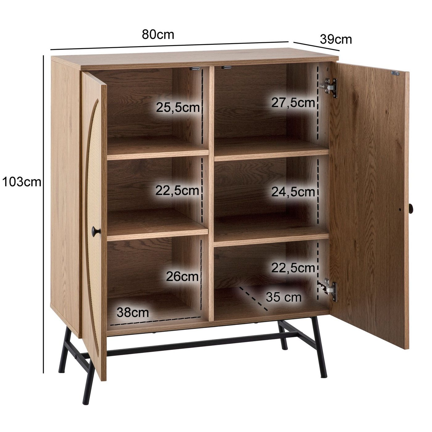 Kommode in Eiche Dekor 80 cm Sideboard mit 2 Türen aus Wiener Rattan Geflecht Design Highboard – Bild 3 von 5