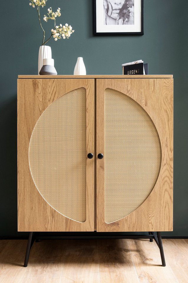 Kommode in Eiche Dekor 80 cm Sideboard mit 2 Türen aus Wiener Rattan Geflecht Design Highboard – Bild 4 von 5