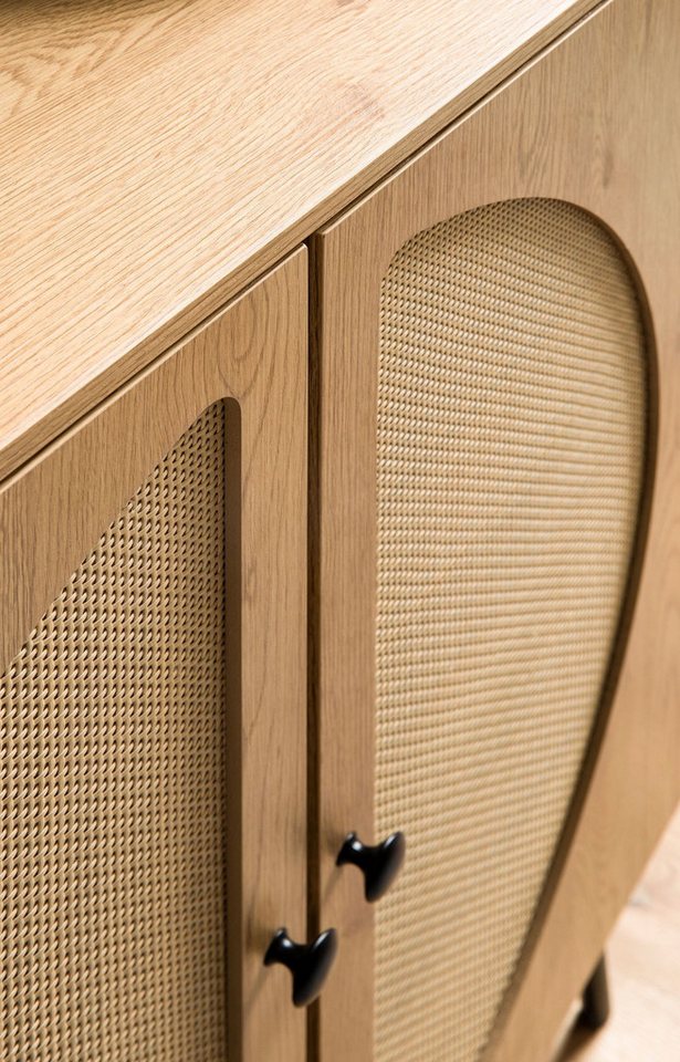 Kommode in Eiche Dekor 80 cm Sideboard mit 2 Türen aus Wiener Rattan Geflecht Design Highboard – Bild 5 von 5