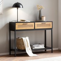 FineBuy Konsolentisch Schwarz 100x30x75 cm Design Anrichte Flur, Ablagetisch Schmal mit Wiener Geflecht, Flurtisch mit Schubladen und Ablage, Dielentisch Lang H