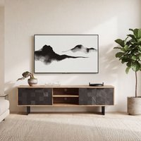 FineBuy Lowboard Akazie Massivholz 150 cm, TV Board mit Steinoptik Fronten & Metallgestell, Fernsehtisch modern mit Stauraum & Kabeldurchführung, TV Schrank Des