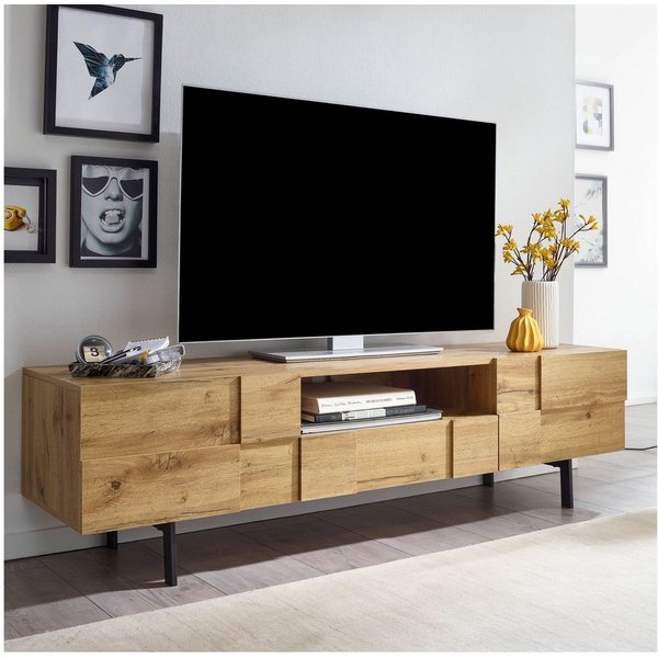 FineBuy Lowboard Holz Eiche-Dekor 160x46x43 cm TV-Kommode mit zwei Türen, Design TV-Schrank Hoch, Fernsehtisch Fernsehschrank Modern, Fernsehkommode Wohnzimmer