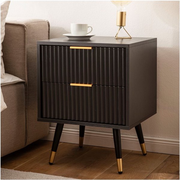 FineBuy Nachtkonsole Schwarz mit Eiche-Dekor 43,5x39x56 cm Nachttisch Modern, Nachtkommode Boxspringbett mit Schubladen, Nachtkästchen mit Stauraum