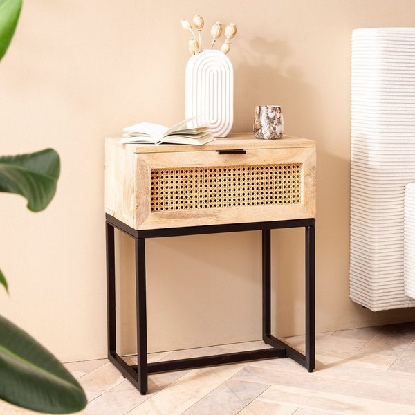 FINEBUY Nachttisch FB98156 Nachtkommode Boxspringbett Holz 50x60x30 cm Wiener Geflecht (Nachtkonsole mit Schublade, Nachtkästchen Modern), Massivholz / Rattan 5
