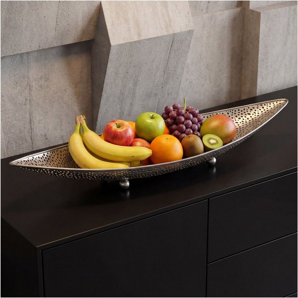 FINEBUY Obstschale FB77776 Früchtekorb Metall Silber 60cm Dekoschale Obstkorb Oval, Metall, (Schöner Früchtekorb in schicker Lochoptik), Länglicher Dekoteller a