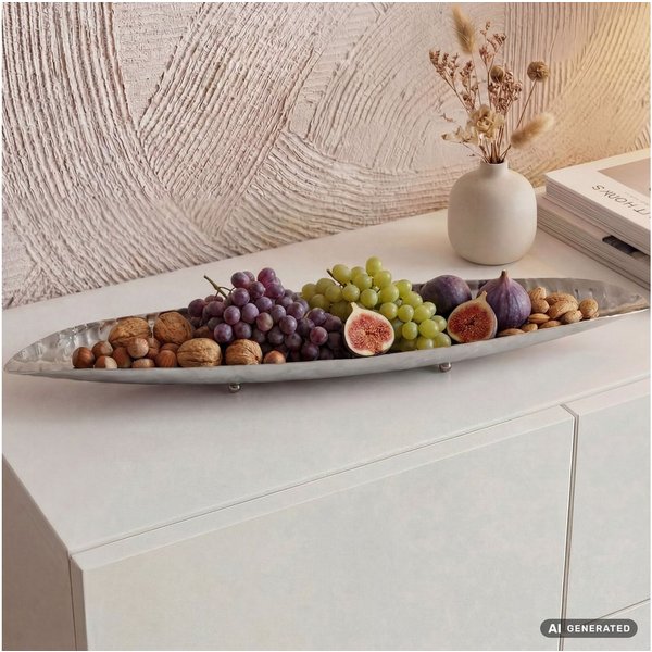 FINEBUY Obstschale FB85114 Früchtekorb Metall Silber 65,5cm Dekoschale Obstkorb Oval, Metall, (Schöne Früchteschale in schicker Bootform), Längliche Dekoschale 