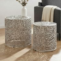 FineBuy Satztisch Aluminium 2er Set rund silber - Beistelltisch mit Blattmuster - Dekotisch Couchtisch Alu Design - Metalltisch modern - Wohnzimmertisch Set Han