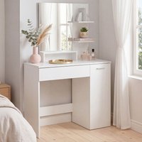 FineBuy Schminktisch 90cm Weiß Kosmetiktisch Modern - Frisiertisch mit Spiegel und Regal - Weiße Frisierkommode mit Schublade und Tür - Moderner Make-Up-Tisch G