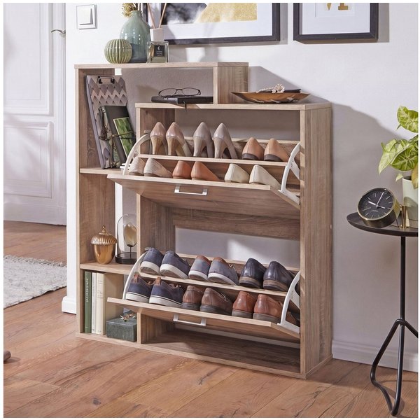 FINEBUY Schuhkipper FB45127 Holz 2 Fächer Sonoma 12 Paar Schuhe Schuhschrank (85x24x93 cm, Schuhschrank Sonoma Eiche Modern), Schuhregal mit Ablage, Flurschrank