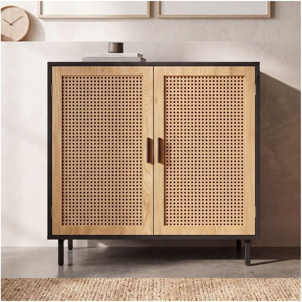 FINEBUY Sideboard FB100054 80cm mit 2 Türen in Rattan Wiener Geflecht Design Kommode (Kommode 2 Türen, Kommodenschrank Wiener Geflecht), 80x86,5x40 cm Anrichte 