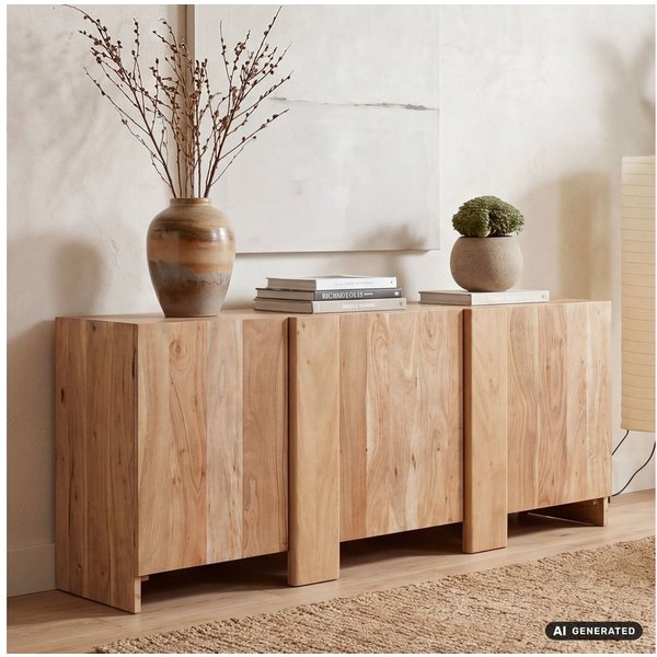 FINEBUY Sideboard FB119495 Anrichte 165cm Wohnzimmer Schrank Esszimmer Groß Modern (Massive Kommode aus Akazienholz mit 3 Türen), Braune Holzkommode mit 6 Fäche