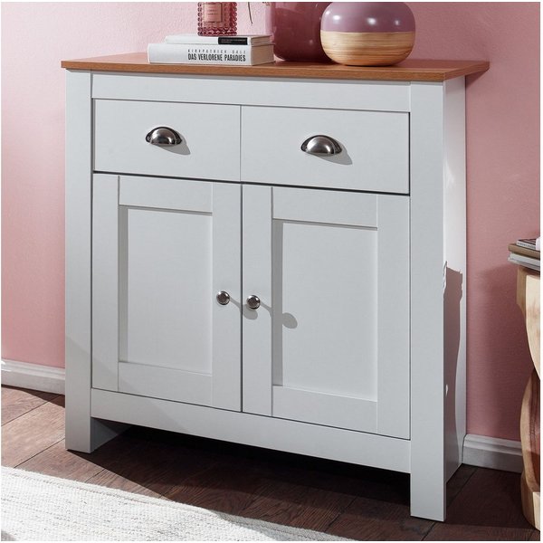 FINEBUY Sideboard FB72120 MDF Weiß - Eiche 80cm Kommode mit 2 Schubladen & 2 Türen (mit 2 Schubladen 79x81x34,5 cm Kommode Weiß Eiche), Anrichte Hoch mit Türen,