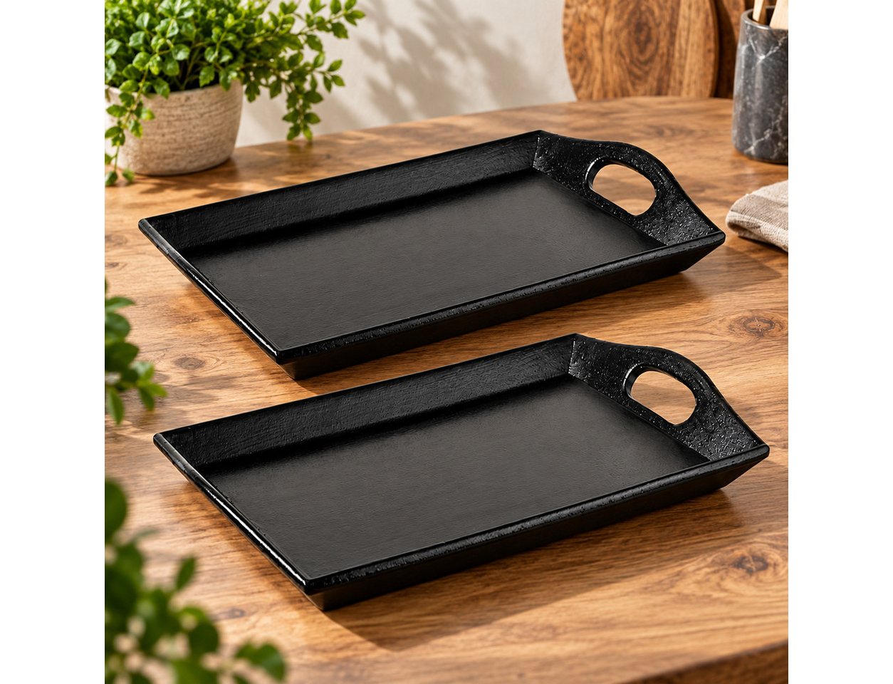 finehomegarden Tablett 2x Dekotablett Holz schwarz Serviertablett Holztablett 26x16cm H3cm, Metall, (2-tlg), rechteckig Kerzentablett Deko Tablett / Paket – Bild 2 von 2