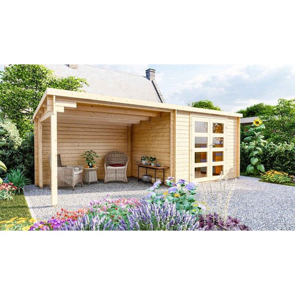 Finn Art Blockhaus Gartenhaus Flachdach 6x2,4m Holz Funny 4 in 28mm Wandstärke, BxT: 298x240 cm, ohne Fußboden mit Anbau, mit Premium Dachbahn selbstklebend
