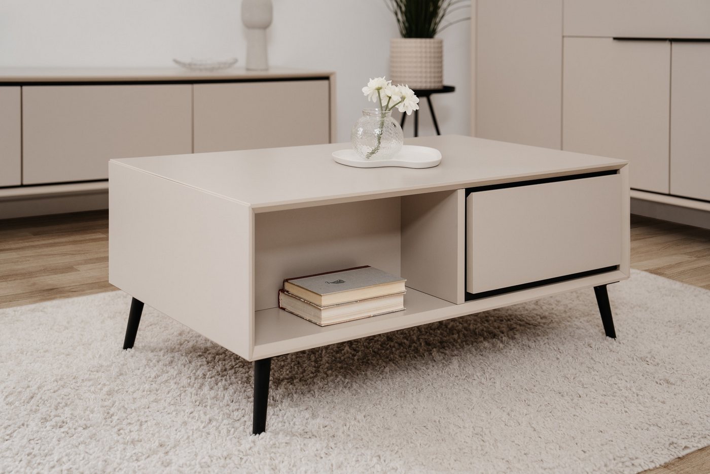 Finori Couchtisch 2 Schubladen, 2 Fächer, in Sand / Schwarz - 94x40x55cm (BxHxT) – Bild 3 von 5