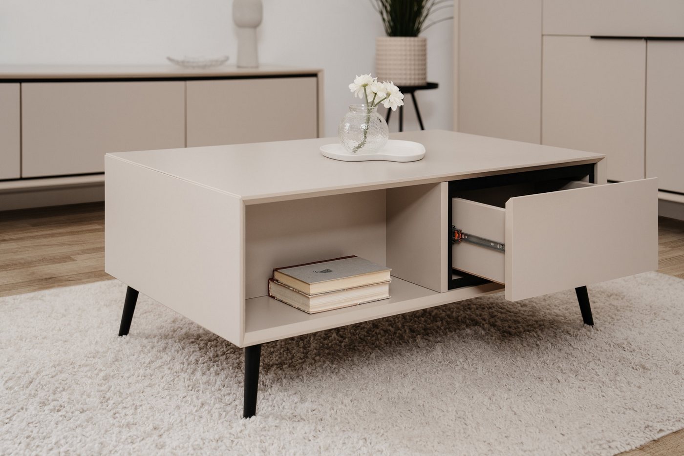Finori Couchtisch 2 Schubladen, 2 Fächer, in Sand / Schwarz - 94x40x55cm (BxHxT) – Bild 4 von 5