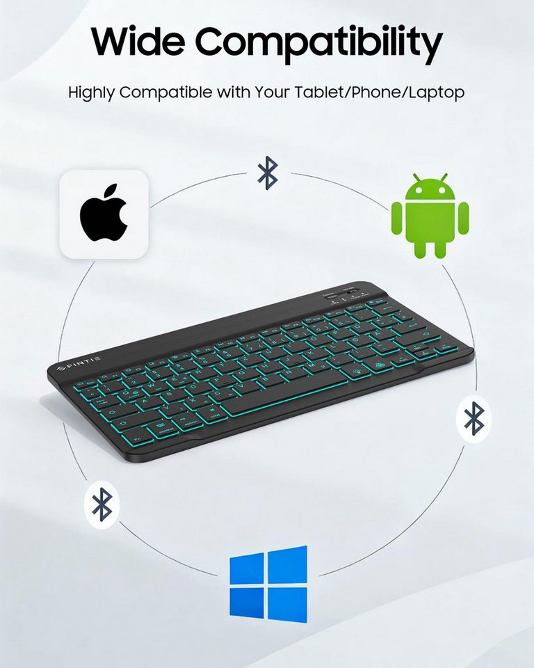 Fintie Bluetooth Tastatur mit 7-farbiger Hintergrundbeleuchtung,QWERTZ-Layout Tablet-Tastatur (für iPad/iPhone/Samsung/Xiaomi Pad(Geeignet für Windows, Android, – Bild 2 von 5