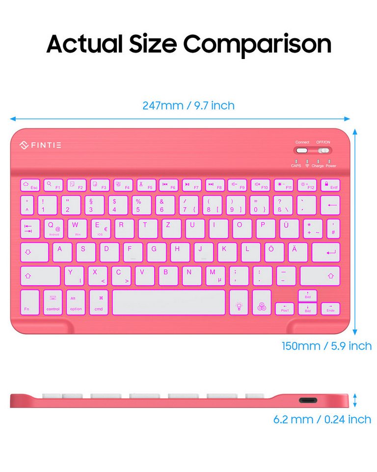 Fintie Bluetooth Tastatur mit 7-farbiger Hintergrundbeleuchtung,QWERTZ-Layout Tablet-Tastatur (für iPad/iPhone/Samsung/Xiaomi Pad(Geeignet für Windows, Android, – Bild 3 von 5