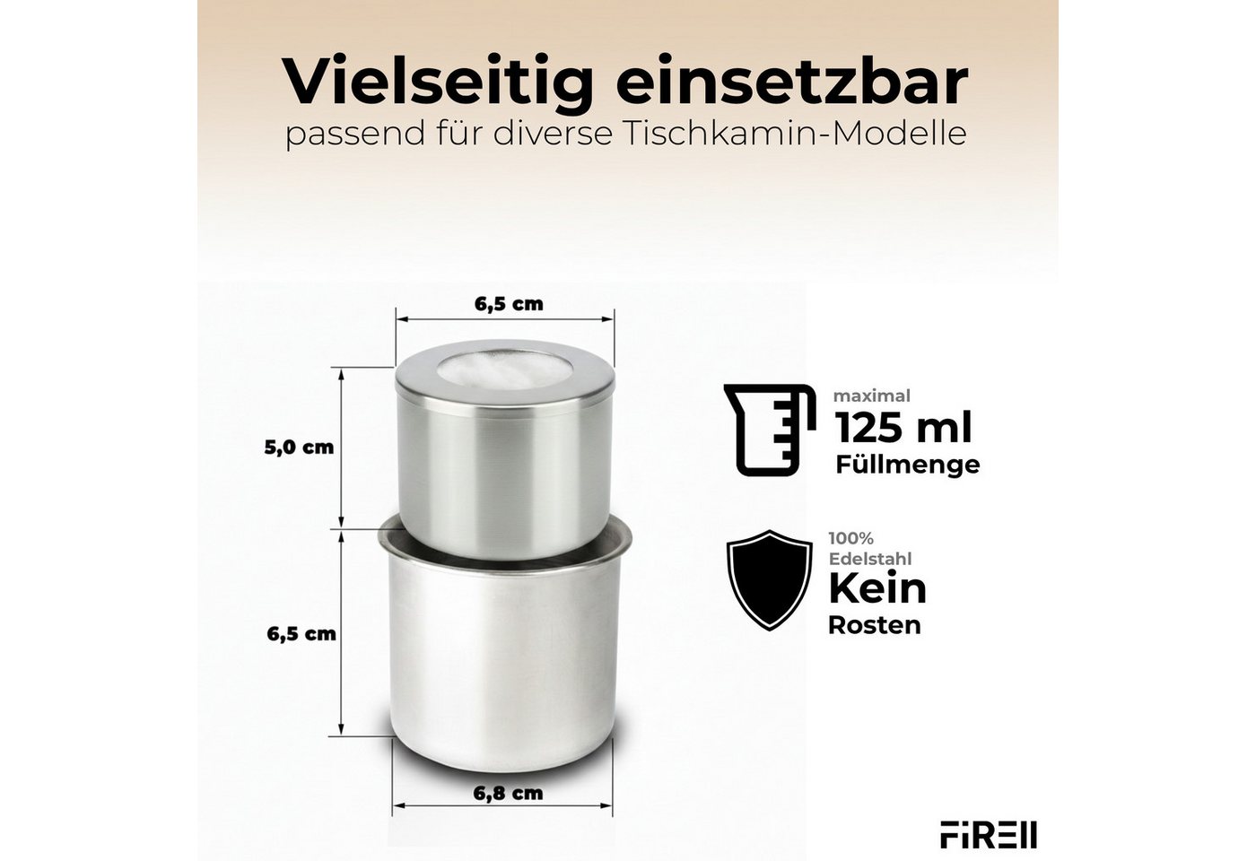 FIRELL Tischfeuer Ethanol Brenner 125ml (3-teilig), Rostfreier Edelstahl, Variable Flammenhöhe, Extra lange Brenndauer – Bild 4 von 5
