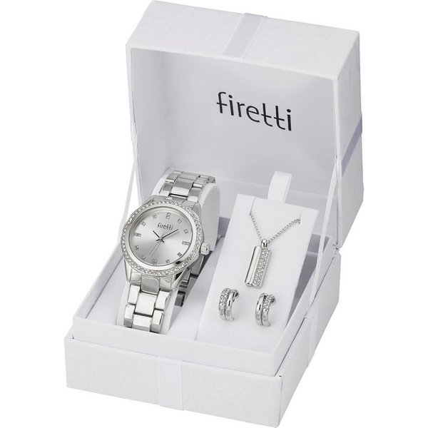 Firetti Quarzuhr Lumina Spectrum Silver Ray, (Set, 4-tlg., inkl. Ohrstecker und Kette mit Anhänger), Armbanduhr, Damenuhr, Glitzersteine, Geschenkset
