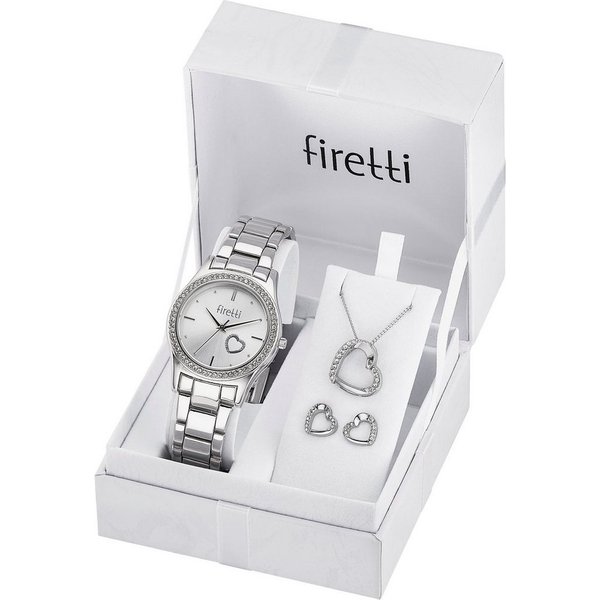 Firetti Quarzuhr Pure Love Silver, (Set, 5-tlg., mit Anhänger, Kette und 1 Paar Ohrsteckern), Armbanduhr, Damenuhr, Glitzersteine, Geschenkset