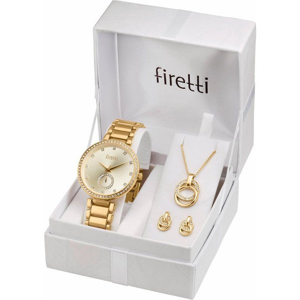 Firetti Quarzuhr Spectrum Lumina Golden Hour, (Set, 4-tlg., inkl. Ohrstecker und Kette mit Anhänger), Armbanduhr, Damenuhr, Glitzersteine, Geschenkset