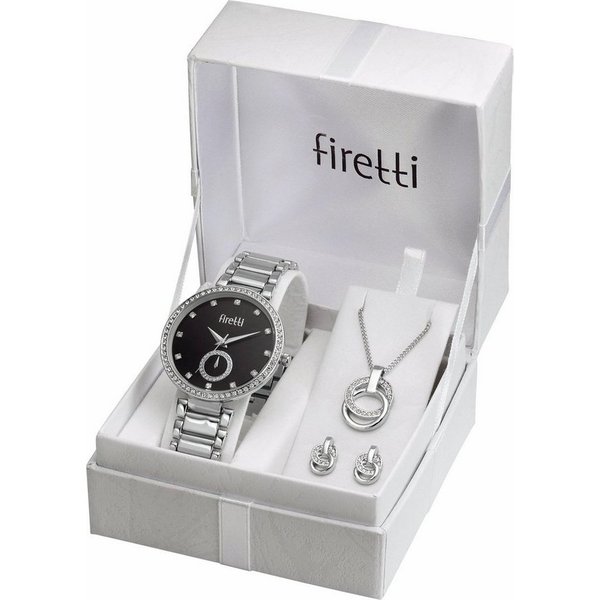 Firetti Quarzuhr Spectrum Lumina Midnight Silver, (Set, 4-tlg., inkl. Ohrstecker und Kette mit Anhänger), Armbanduhr, Damenuhr, Glitzersteine, Geschenkset