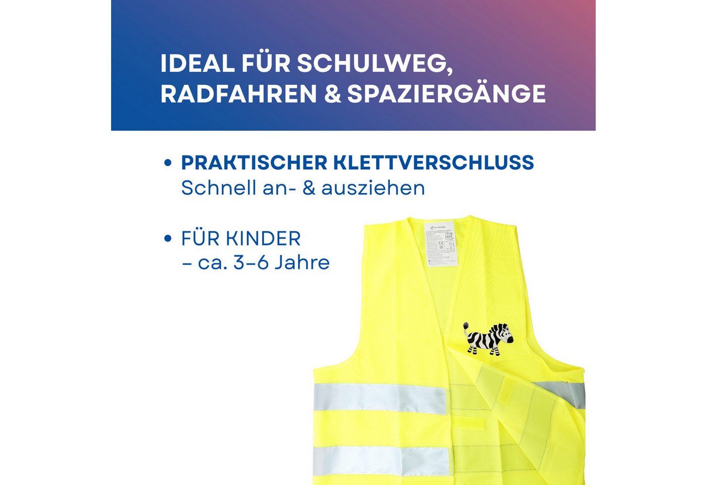 FIRST AID ONLY® Warnweste Kinder Warnweste Duo Set Fuchs & Zebra Sicherheitsweste 3-8 Jahre (2-tlg) Gemäß EN 17353:2020 – Bild 3 von 5